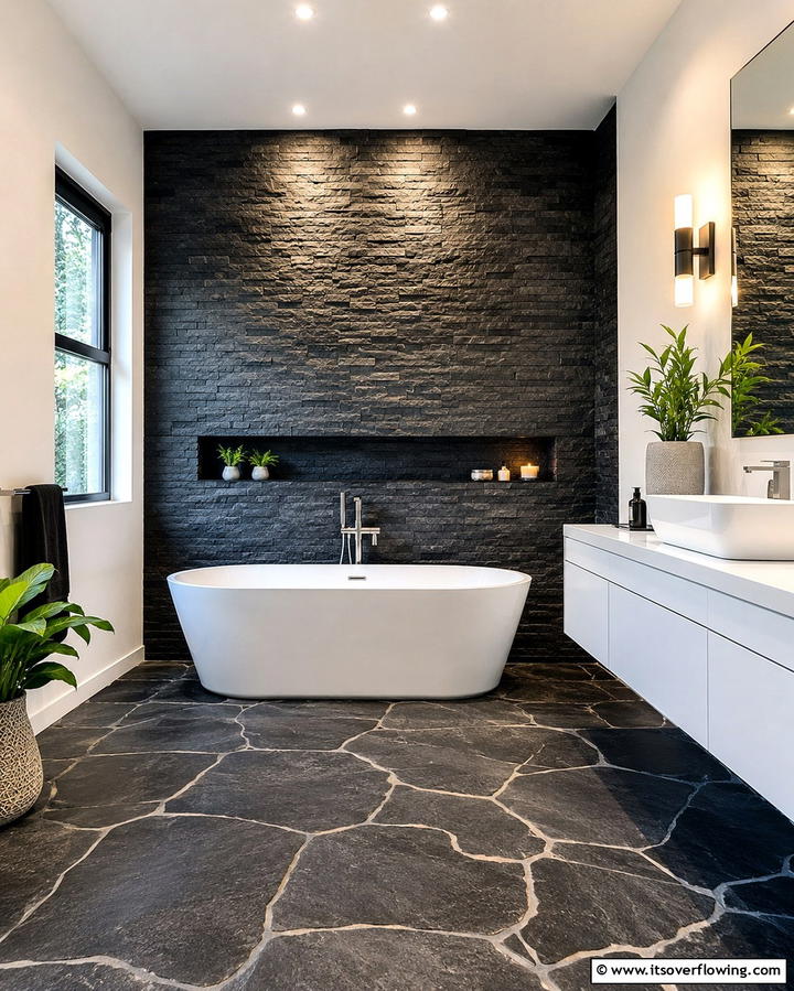 Black Stone Features - 25 Black Bathroom Ideas to Elevate Your Space