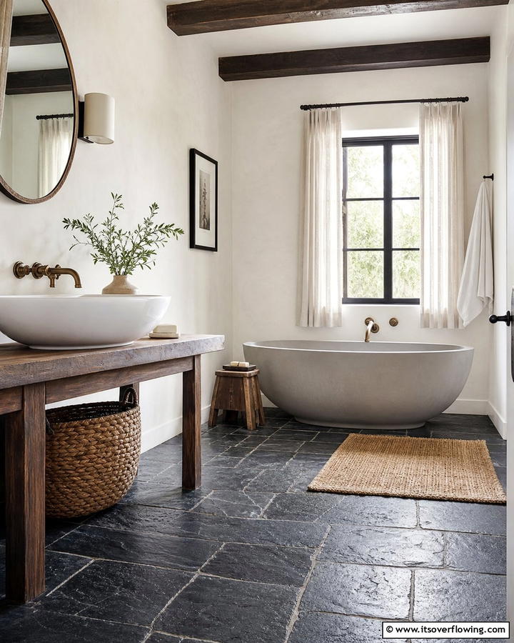 Black Stone Floors with White Plaster Walls - 20 Black Floor Bathroom With White Walls Ideas for Contrast