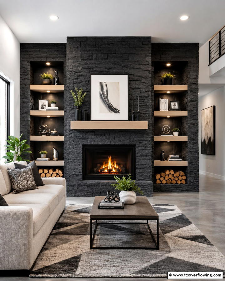 Black Stone with Built In Storage - 25 Elegant Black Stone Fireplace Ideas