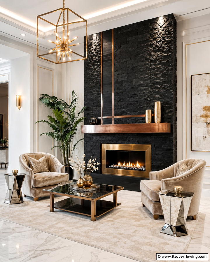 Black Stone with Metallic Accents - 25 Elegant Black Stone Fireplace Ideas