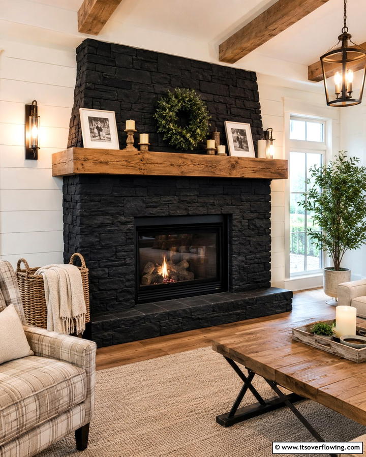 Black Stone with Wooden Mantels - 25 Elegant Black Stone Fireplace Ideas
