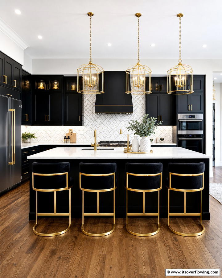 Black Stools with Gold Detailing for Seating Elegance - 25 Black and Gold Kitchen Ideas for a Luxurious Look