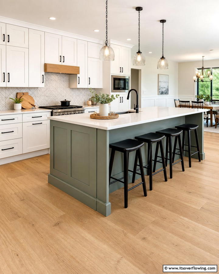 Black Stools with Sage Green Island - 20 Sage Green and Black Kitchen Ideas for a Modern Feel
