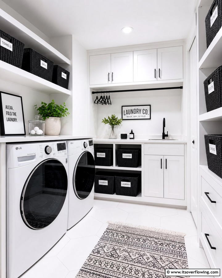 Black Storage Baskets and Bins - 20 Black and White Laundry Room Ideas for Style