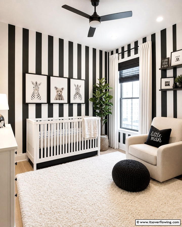 Black Striped Walls - 25 Black Nursery Ideas for Modern Baby Rooms