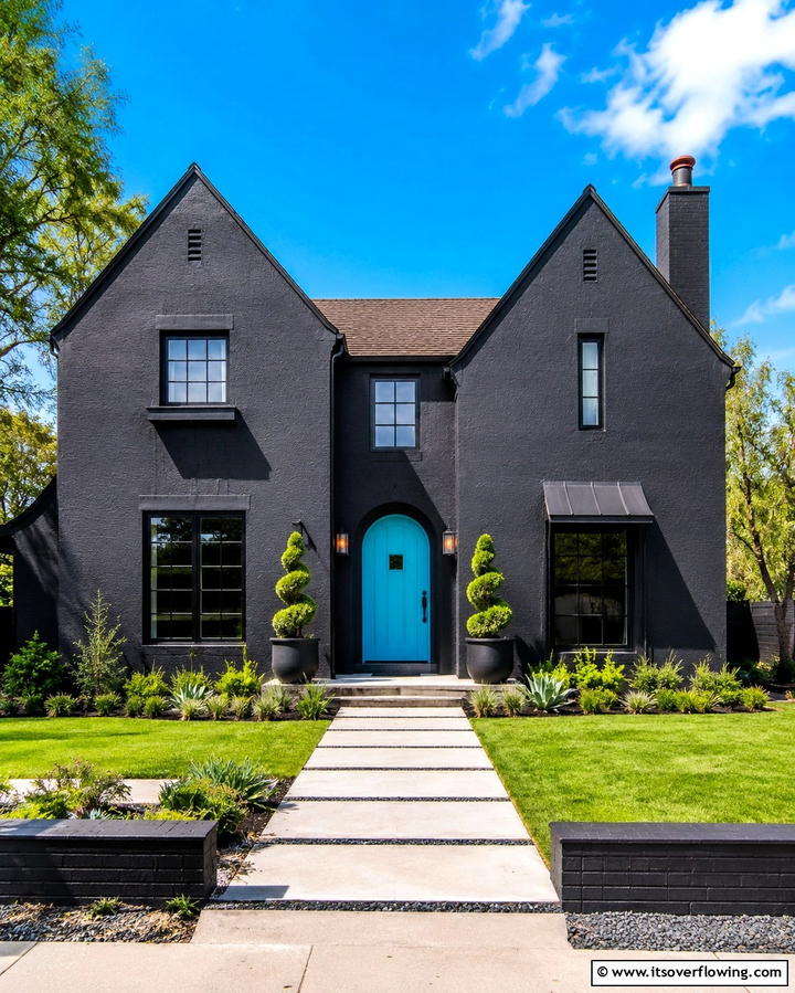 Black Stucco with Brightly Colored Doors - 25 Black Stucco House Ideas for Modern Exteriors