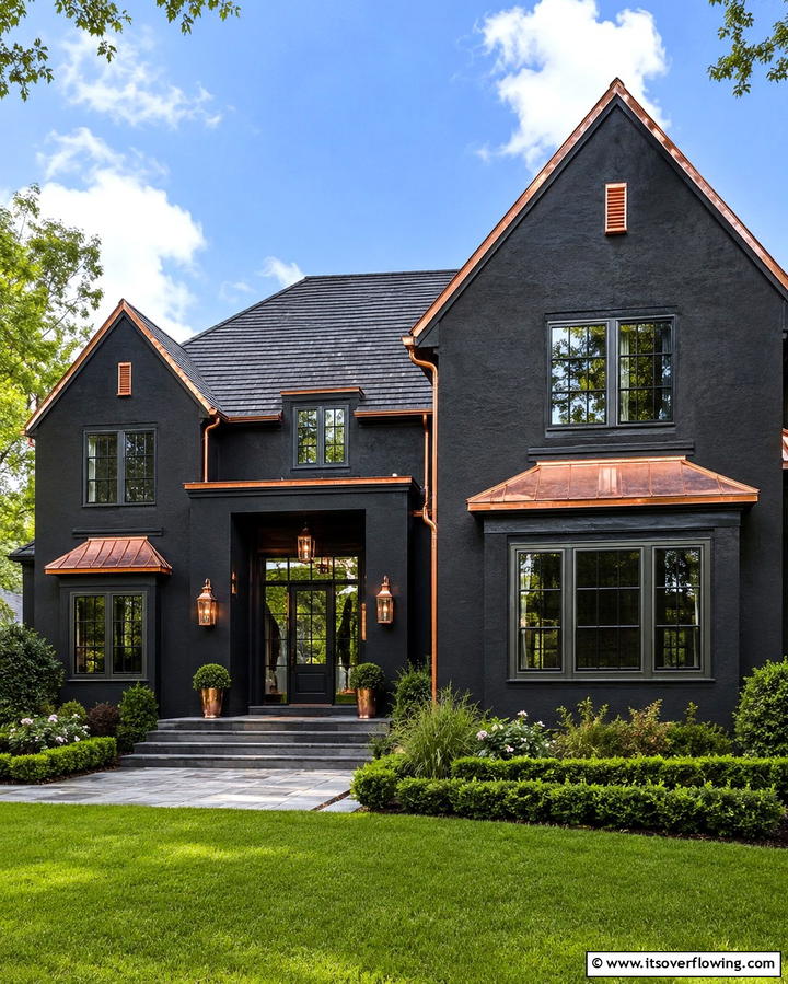 Black Stucco with Copper Details - 25 Black Stucco House Ideas for Modern Exteriors