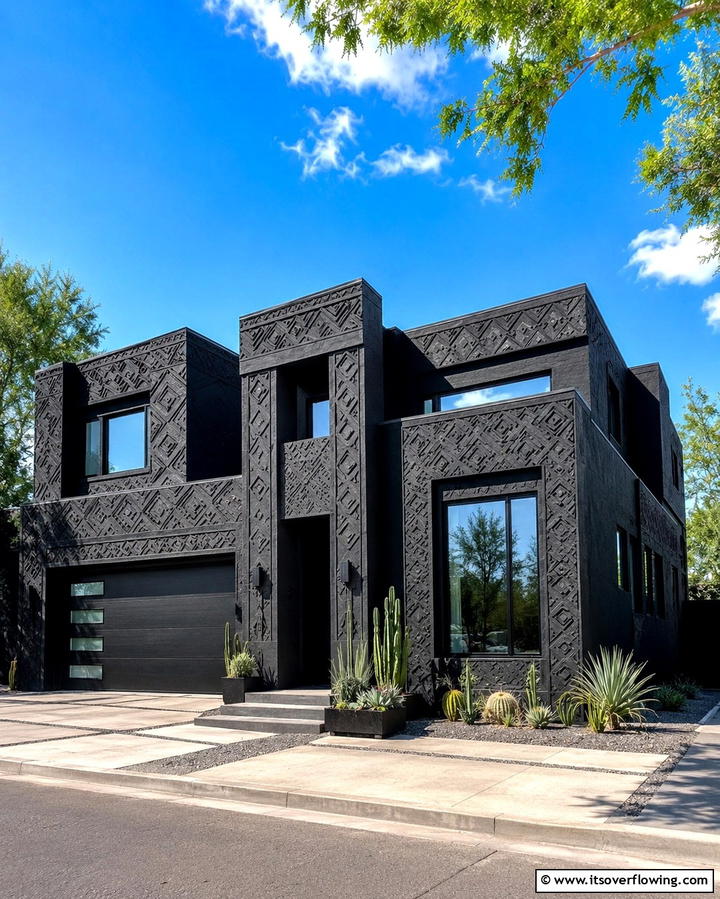 Black Stucco with Geometric Patterns - 25 Black Stucco House Ideas for Modern Exteriors
