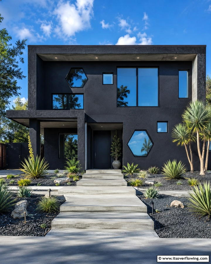 Black Stucco with Geometric Windows - 25 Black Stucco House Ideas for Modern Exteriors