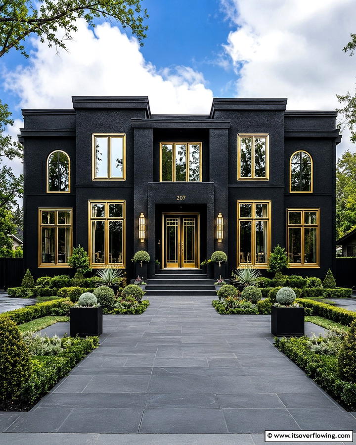 Black Stucco with Gold Accents - 25 Black Stucco House Ideas for Modern Exteriors