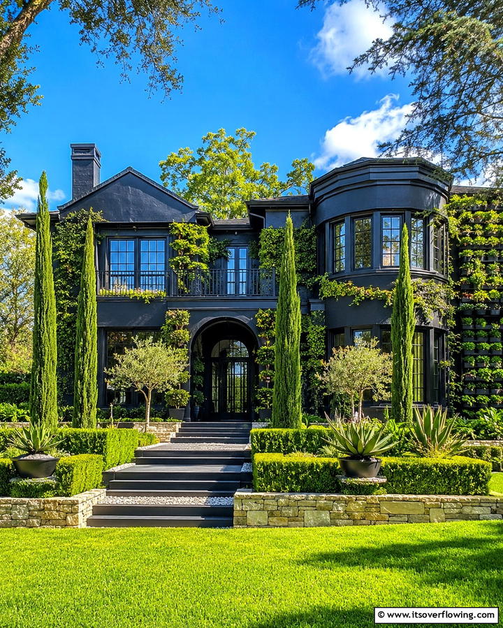 Black Stucco with Green Landscaping - 25 Black Stucco House Ideas for Modern Exteriors