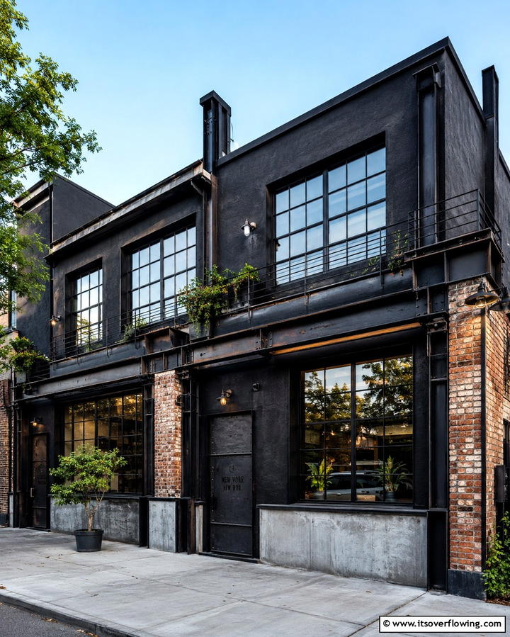 Black Stucco with Industrial Elements - 25 Black Stucco House Ideas for Modern Exteriors