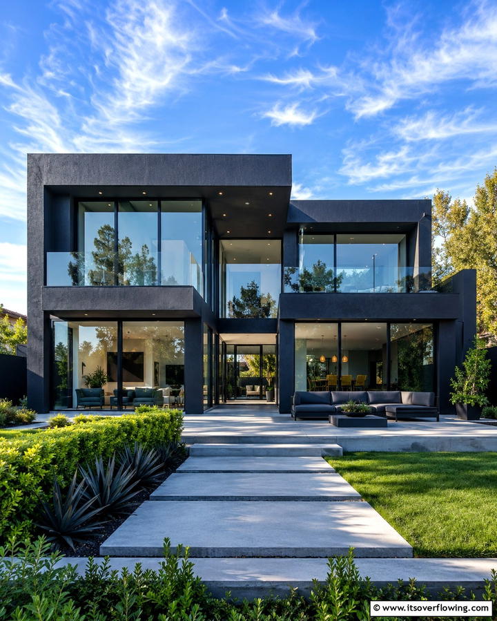 Black Stucco with Large Glass Panels - 25 Black Stucco House Ideas for Modern Exteriors