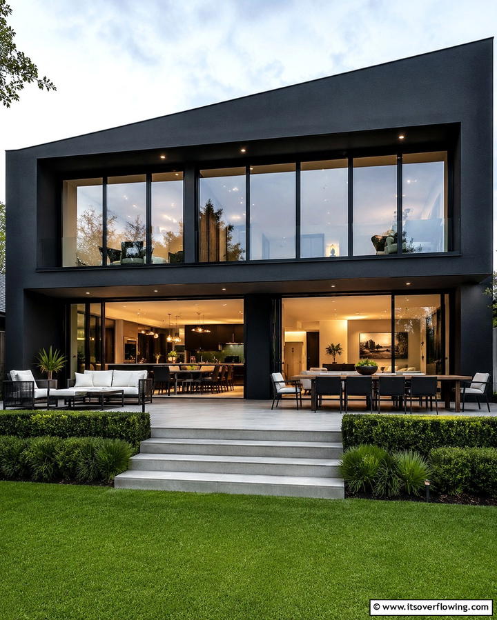 Black Stucco with Large Glass Windows - 25 Black Stucco House Ideas for Modern Exteriors