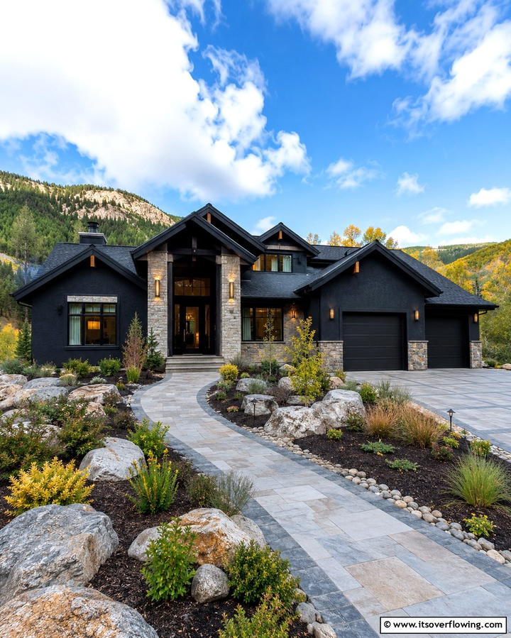 Black Stucco with Natural Stone Accents - 25 Black Stucco House Ideas for Modern Exteriors