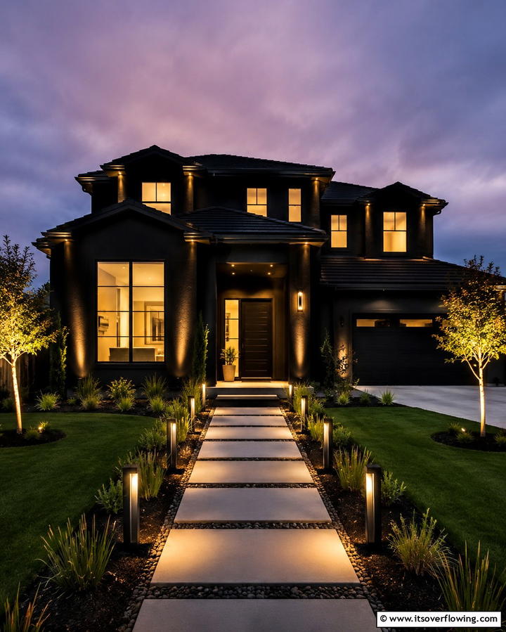 Black Stucco with Outdoor LightingOne - 25 Black Stucco House Ideas for Modern Exteriors