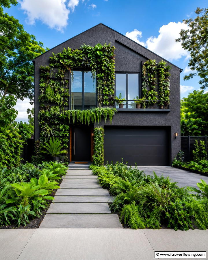 Black Stucco with Vertical Gardens - 25 Black Stucco House Ideas for Modern Exteriors