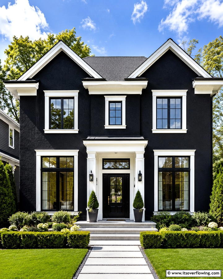 Black Stucco with White TrimOne - 25 Black Stucco House Ideas for Modern Exteriors