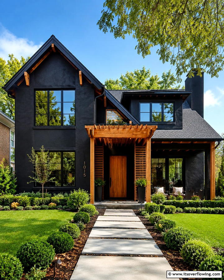 Black Stucco with Wooden AccentsExact - 25 Black Stucco House Ideas for Modern Exteriors