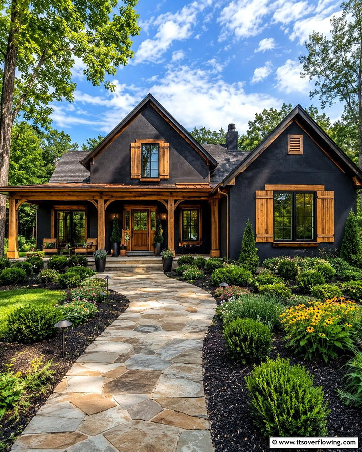 Black Stucco with Wooden AccentsOne - 25 Black Stucco House Ideas for Modern Exteriors