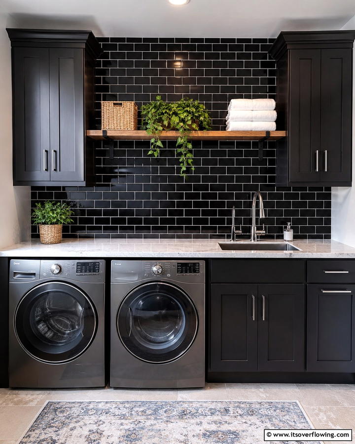 Black Subway Tile Backsplash for Texture - 30 Stylish Black Laundry Room Ideas for a Modern Utility Space