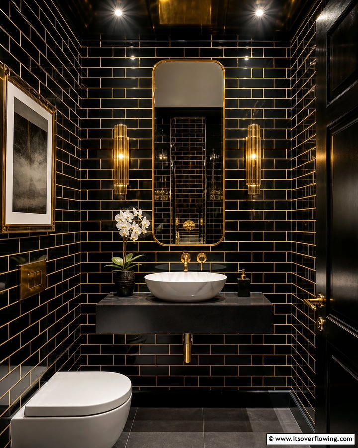 Black Subway Tiles with Gold Grout - 25 Luxurious Black and Gold Powder Room Ideas for Elegance