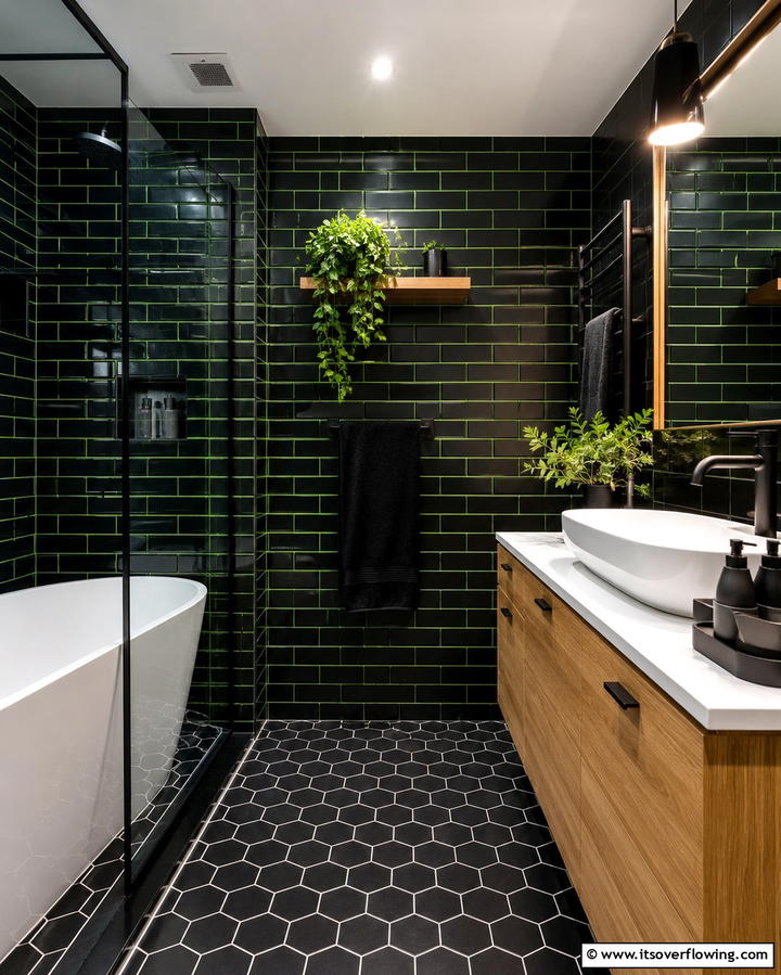 Black Subway Tiles with Green Grout - 25 Black and Green Bathroom Ideas for Bold Style