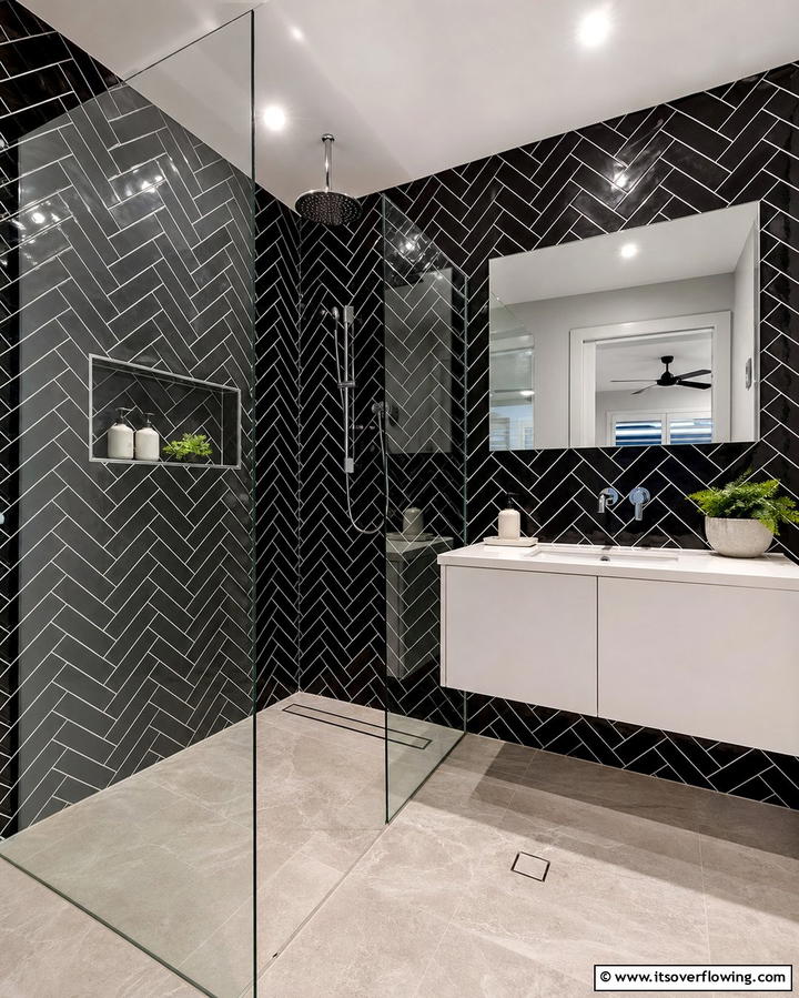 Black Subway Tiles with a Glossy Finish - 25 Stylish Black Tile Bathroom Ideas