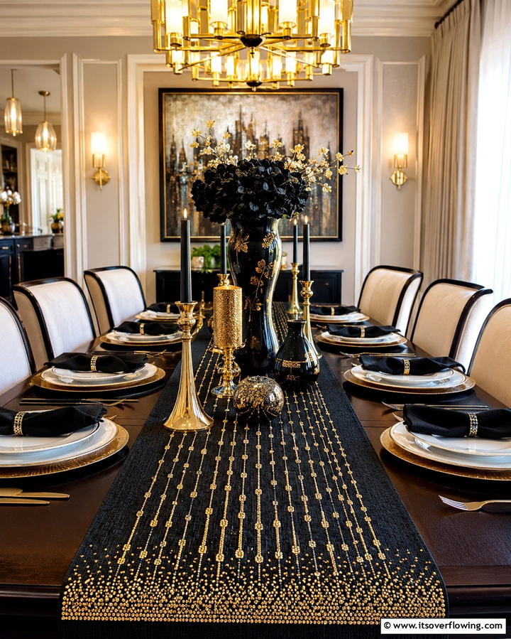 Black Table Runners with Gold Accents - 25 Stunning Black and Gold Centerpiece Ideas for Your Home