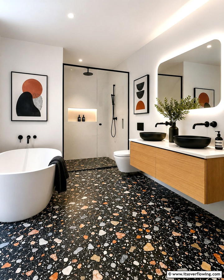 Black Terrazzo Floors for Artistic Flair - 25 Black Floor Bathroom Ideas for a Bold Look