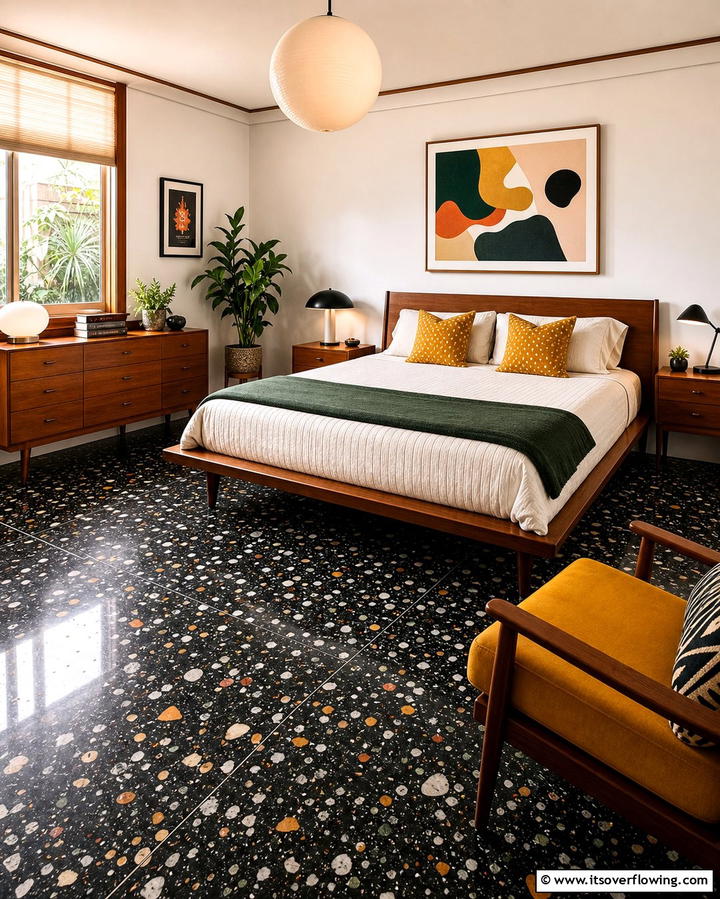 Black Terrazzo Floors for a Mid Century Vibe - 25 Black Floor Bedroom Ideas for a Bold and Modern Look