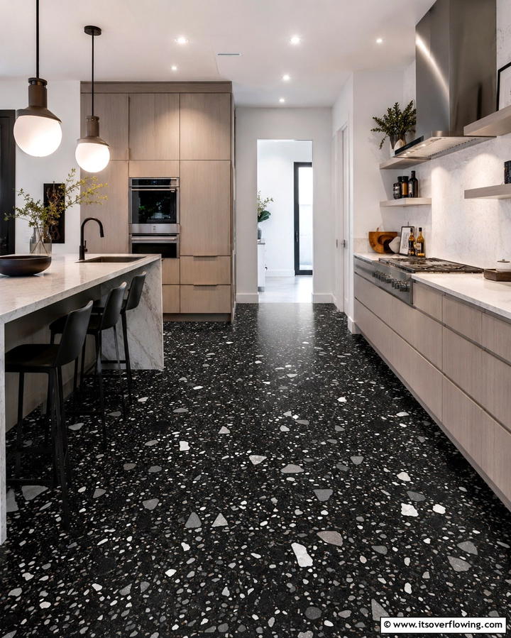Black Terrazzo Floors for a Unique Aesthetic - 25 Black Kitchen Floor Ideas for a Sleek and Stylish Space