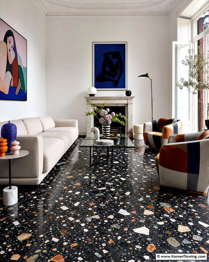 Black Terrazzo Floors with Colorful Chips - 25 Black Floor Living Room Ideas for a Modern Aesthetic