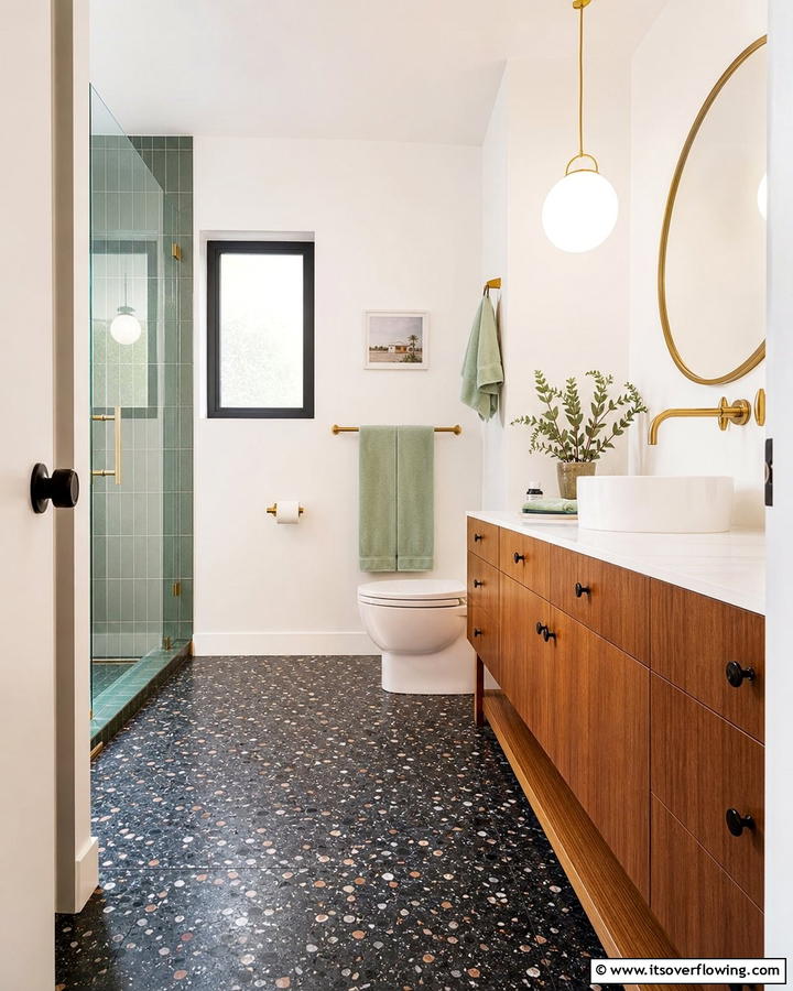 Black Terrazzo Floors with White Painted Walls - 20 Black Floor Bathroom With White Walls Ideas for Contrast