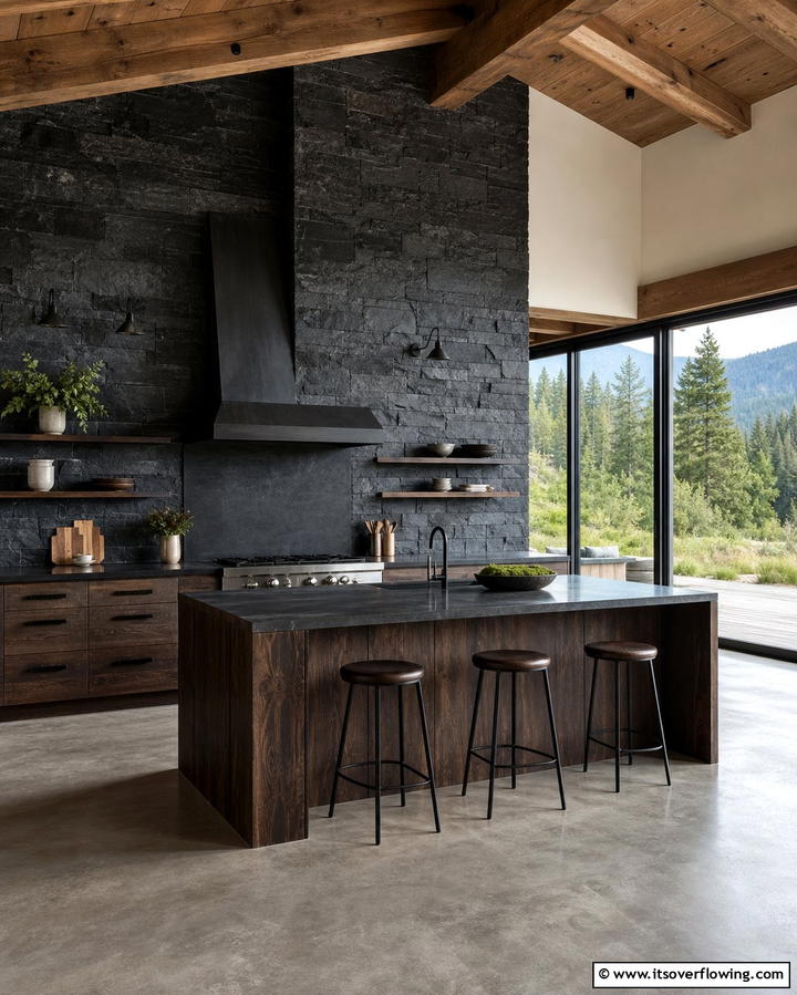 Black Textured Stone Backsplash - 25 Kitchen With Black Backsplash Ideas for Drama