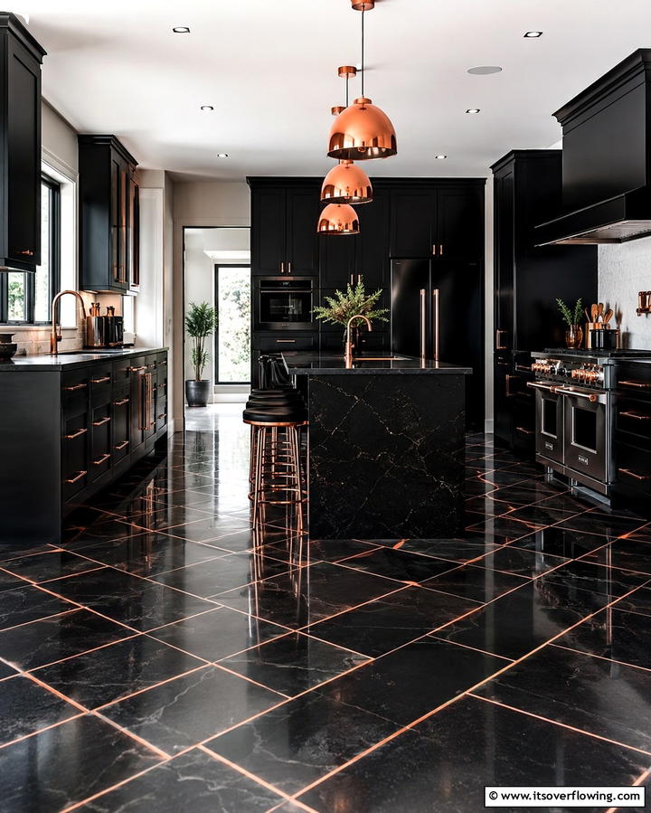 Black Tile Floors with Copper Grout - 25 Black and Copper Kitchen Ideas for a Bold Look