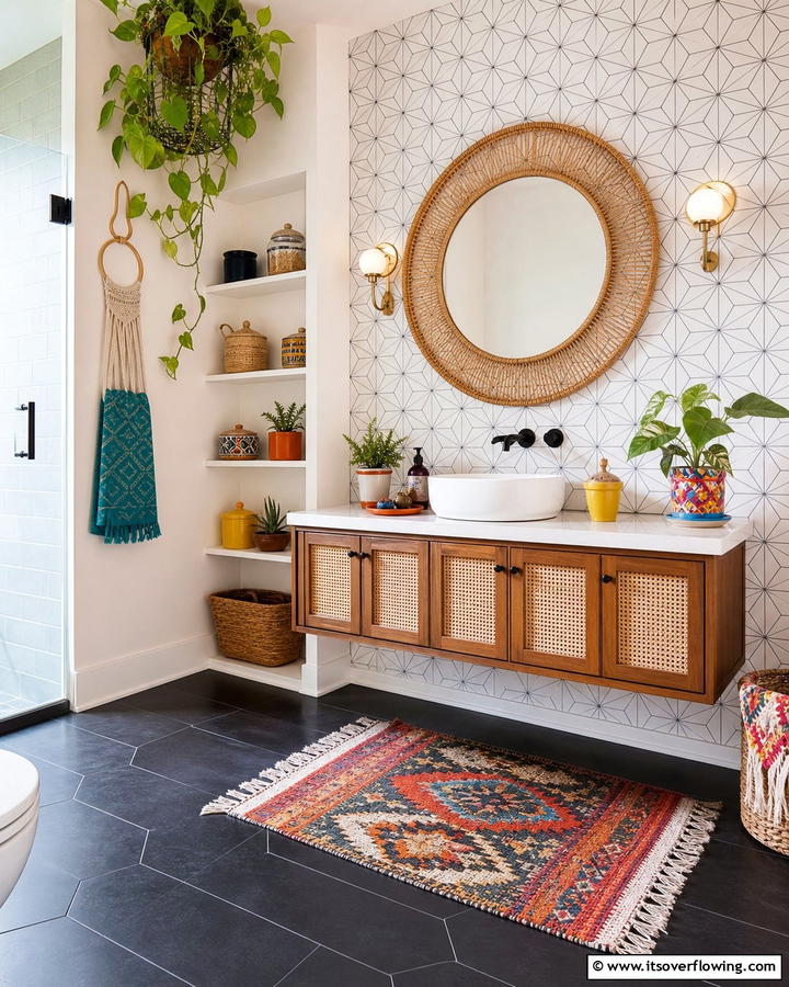Black Tile Floors with White Patterned Walls - 20 Black Floor Bathroom With White Walls Ideas for Contrast