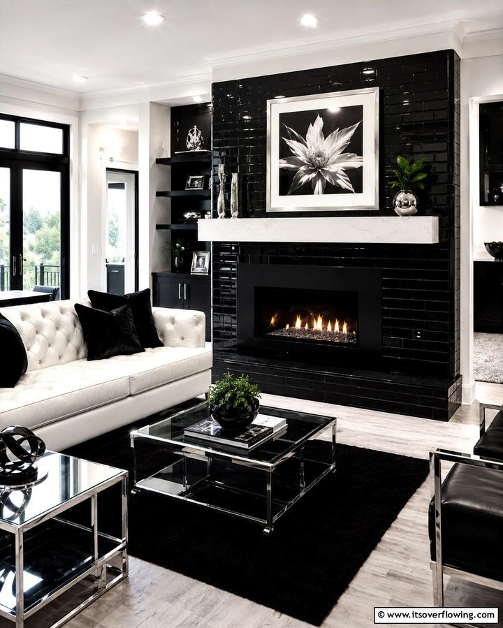 Black Tile Sophistication - 25 Black and White Fireplace Ideas for Timeless Elegance
