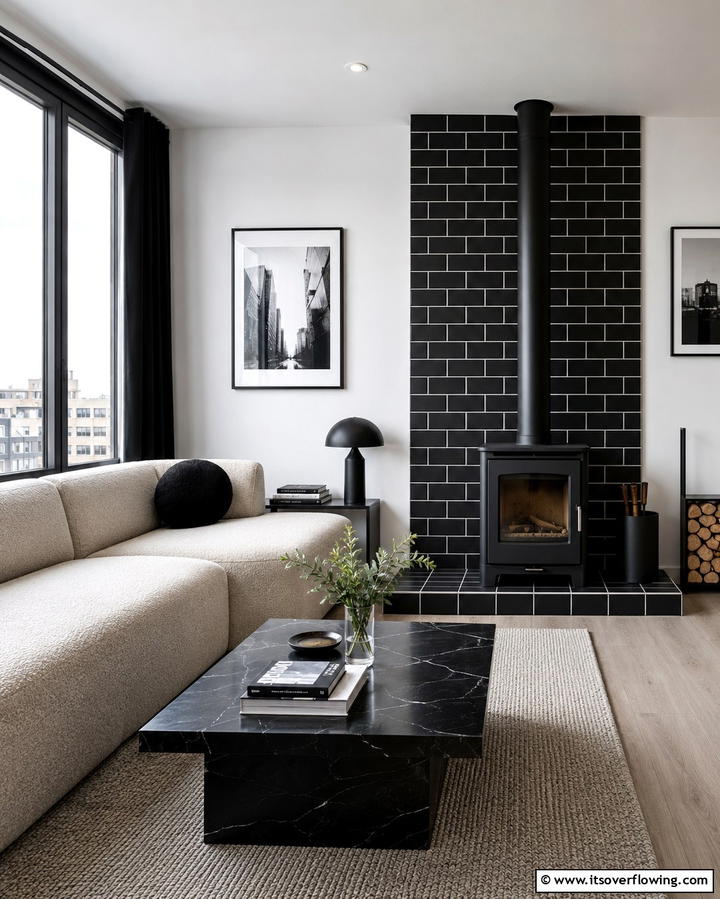 Black Tile Surround for a Bold Contrast - 30 Cozy Wood Stove Surround Design Inspirations