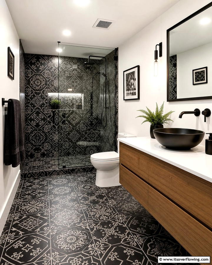 Black Tiles with Bold Patterns - 25 Stylish Black Tile Bathroom Ideas