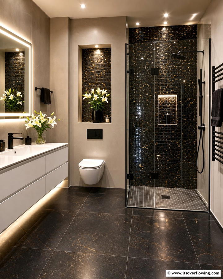Black Tiles with Metallic Finishes - 25 Stylish Black Tile Bathroom Ideas