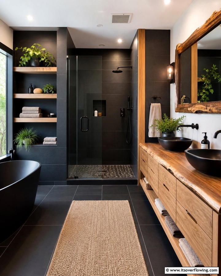 Black Tiles with Natural Wood Accents - 25 Stylish Black Tile Bathroom Ideas