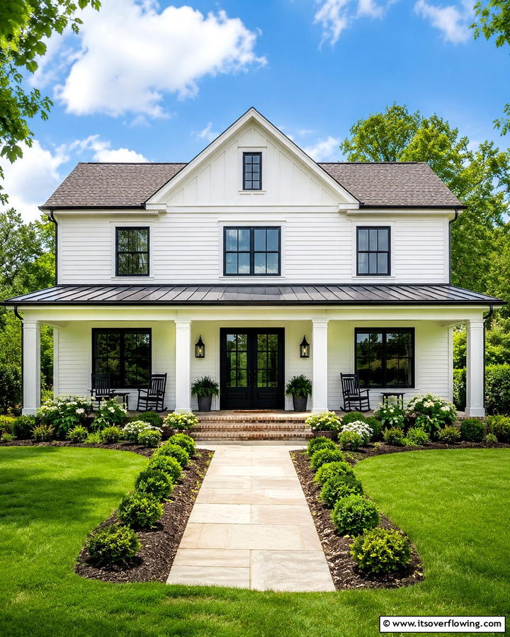 Black Trim Accents Around White Farmhouses - 25 White Farmhouse with Black Windows Ideas