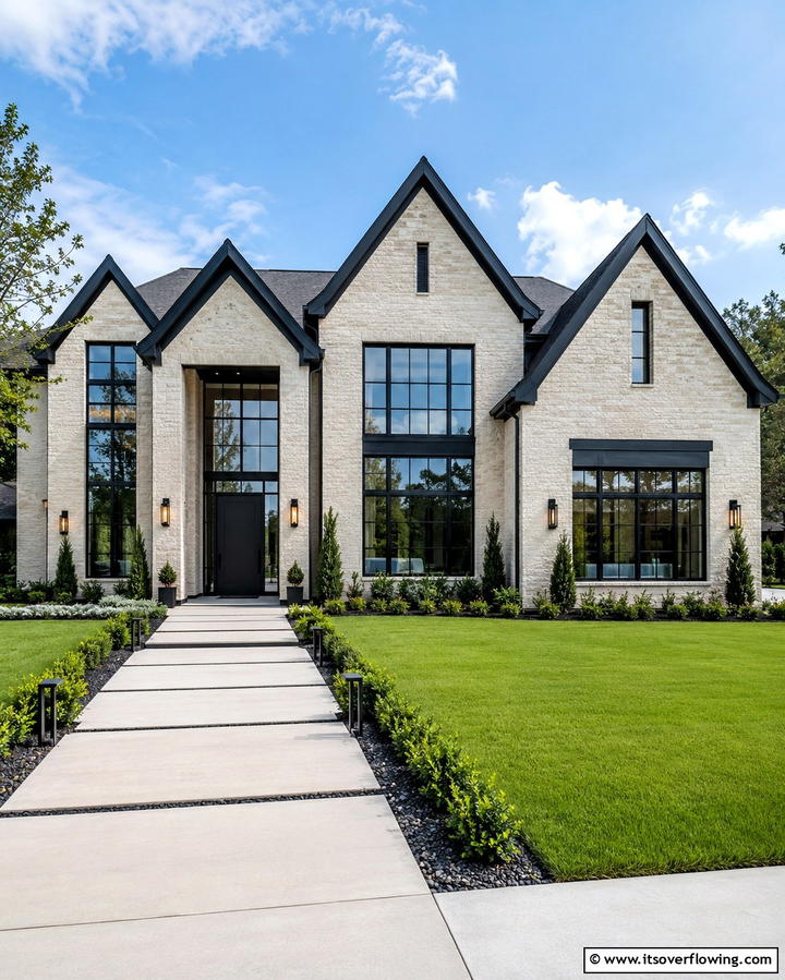 Black Trim for Dramatic Contrast - 30 Warm Blonde Brick House Color Schemes for Modern Homes