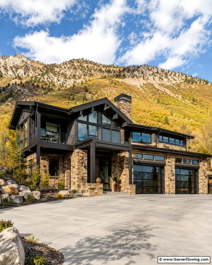Black Trim with Beige Stonework - 30 Beige & Black House Exterior Design Ideas & Inspiration