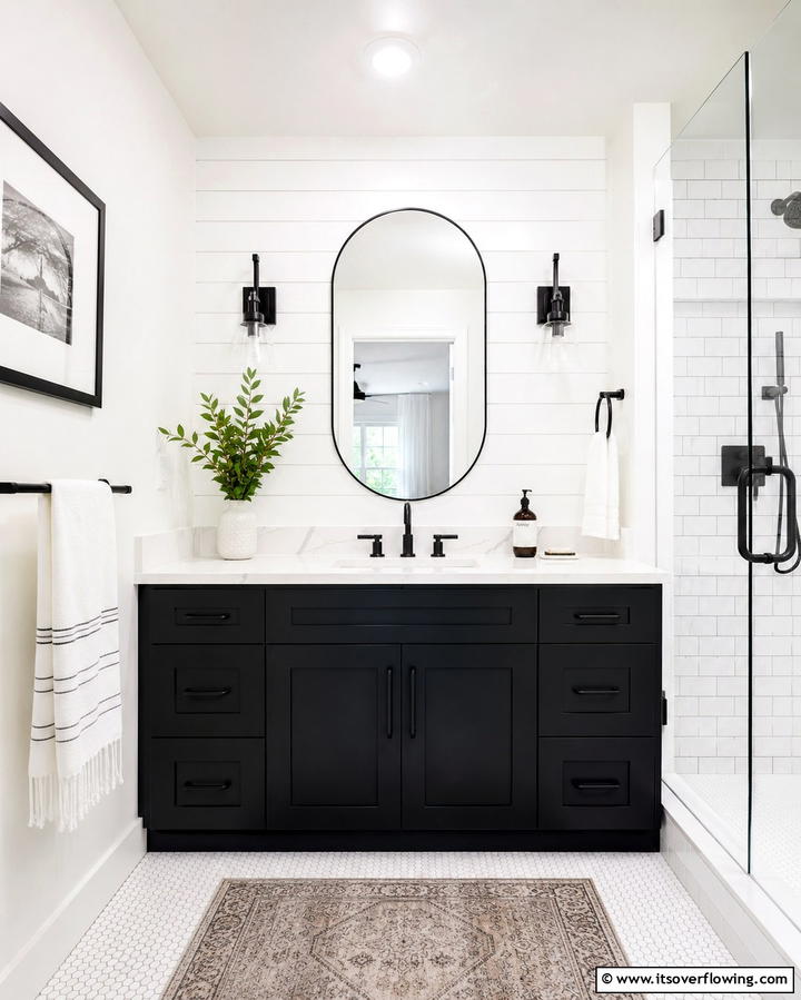 Black Vanity Paired with White Countertops for Contrast - 25 Black Vanity Bathroom Ideas for a Sleek and Stylish Look