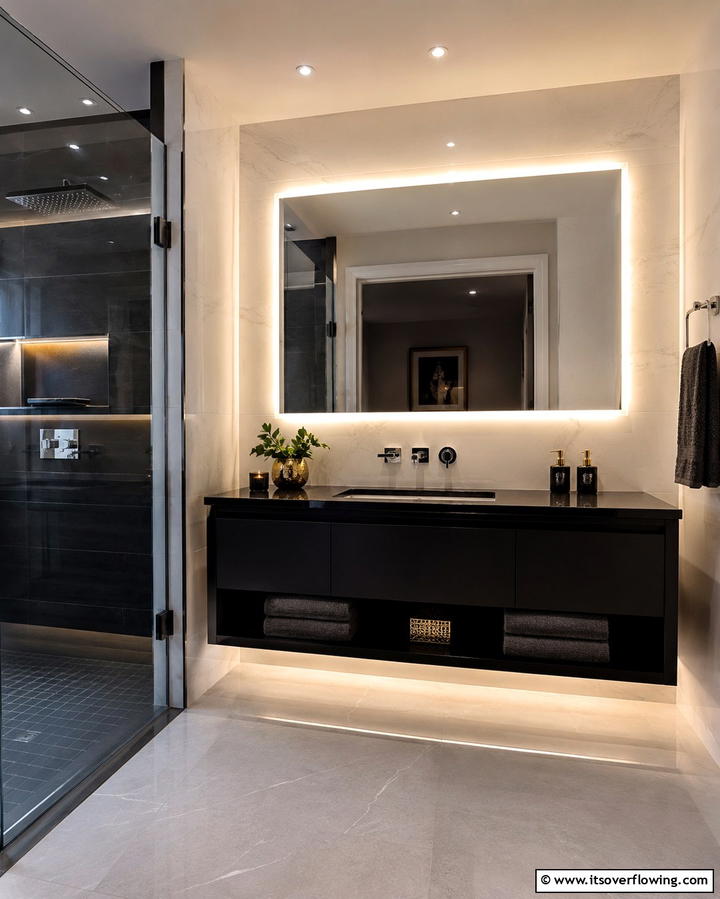 Black Vanity with Backlit Mirror for Modern Flair - 25 Black Vanity Bathroom Ideas for a Sleek and Stylish Look