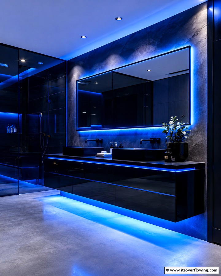 Black Vanity with Blue LED Lighting Highlights - 30 Striking Black and Blue Bathroom Ideas for Dramatic Flair