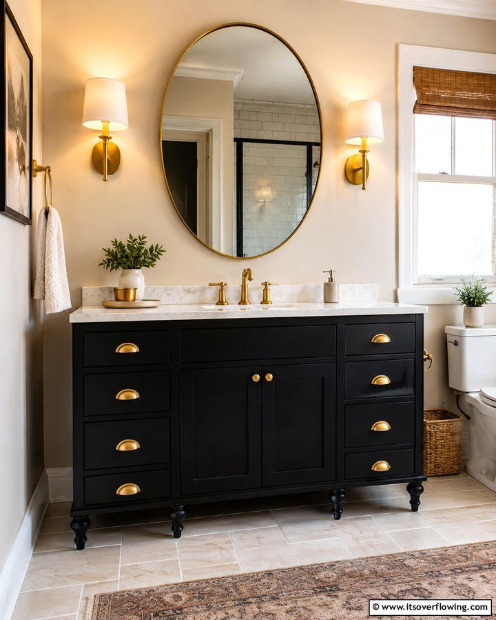 Black Vanity with Brass Fixtures for Warmth - 25 Black Vanity Bathroom Ideas for a Sleek and Stylish Look