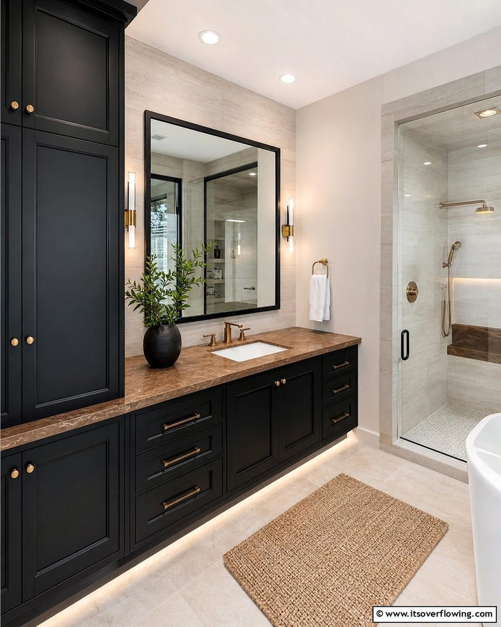 Black Vanity with Brown Countertop - 20 Modern Brown and Black Bathroom Ideas for a Bold Design